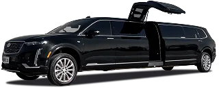 Black stretch SUV limousine, likely a Cadillac, with both a standard passenger door and a gull-wing door open, set against a plain beige background.