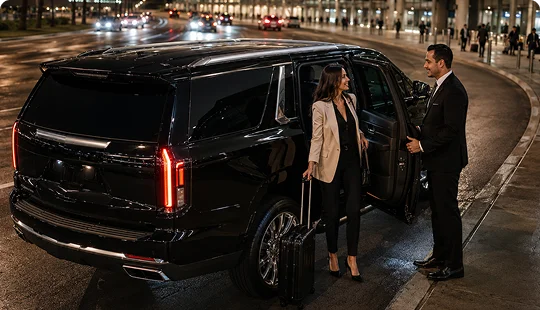 A professional chauffeur in a suit opens the door of a luxury black SUV for a businesswoman with a rolling suitcase at a busy airport terminal at night.