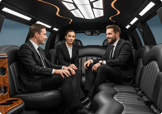 Interior view of a black luxury limousine showing three business professionals—two men and one woman, all wearing black suits and ties—seated on the plush leather benches and engaged in conversation. The limousine interior features wood trim, a partitioned ceiling with backlit panels, and comfortable seating.