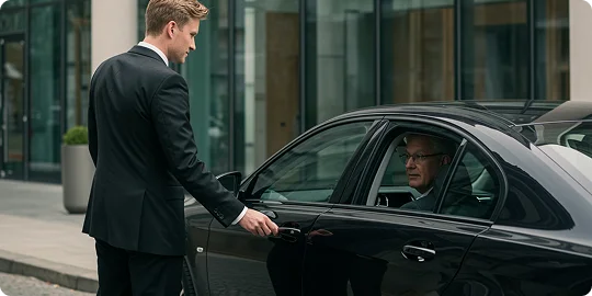 Chauffeur holding open the door for an elderly woman seated inside a black sedan.