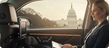 Female passenger riding in a car with the Capitol building visible through the windshield.