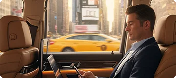 Male passenger seated in back seat with city taxis passing by outside the window.