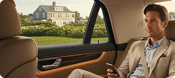 Businessman seated comfortably in the rear of a luxury car with scenic estate view outside.