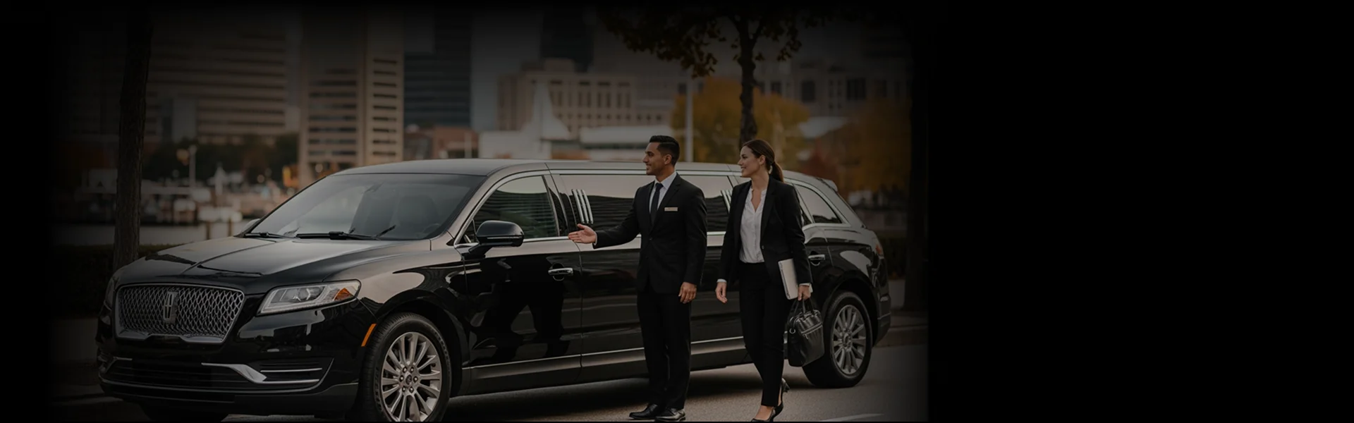 A male chauffeur in a suit stands next to a black stretch Lincoln Navigator or similar SUV-style limousine, gesturing toward the back door for a female executive in a suit, who is carrying a briefcase or documents. The scene is set on a city street or near a harbor, with modern buildings visible in the background.