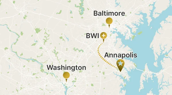 Map showing a dotted route from BWI Airport curving southeast around the Chesapeake Bay to Annapolis (star marker).