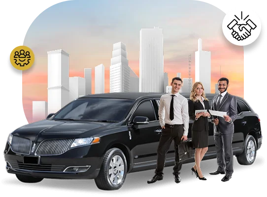 Three business professionals smiling and standing next to a black stretch SUV limousine with a stylized city skyline background at sunset.