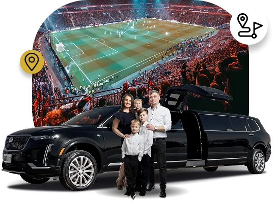 Family of four standing by an open black stretch SUV limousine with a background of a crowded football stadium during a game.