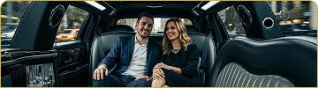 A smiling couple, formally dressed, are comfortably seated in the back of a luxury limousine with black leather seats, wood trim, and a high-end interior, as they travel through a busy city street visible outside the windows.